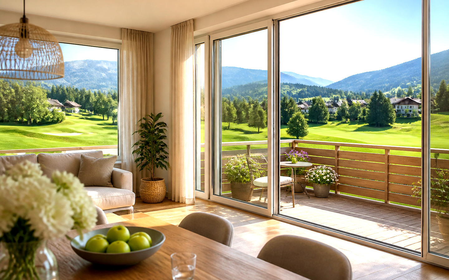 Heller Wohnraum mit Balkon und Blick auf Golfgrün